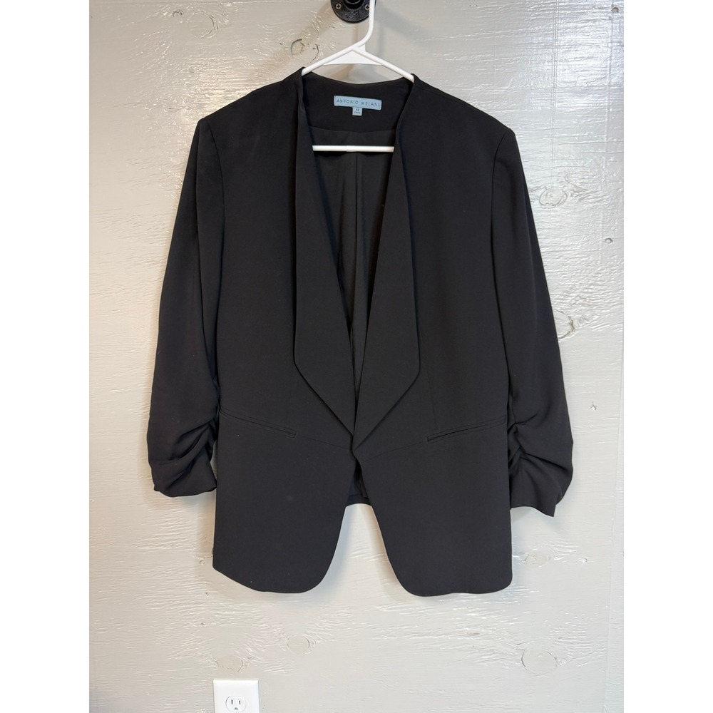 Antonio Melani Black Ruched 3/4 Sleeve Open Front Blazer Jacket 12